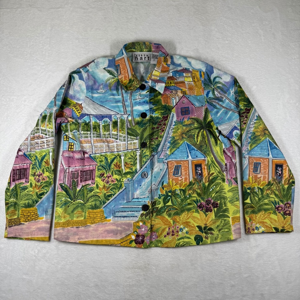 Keren Hart Womens Medium Tropical Village Beaded Sequin Cotton Jacket Multicolor